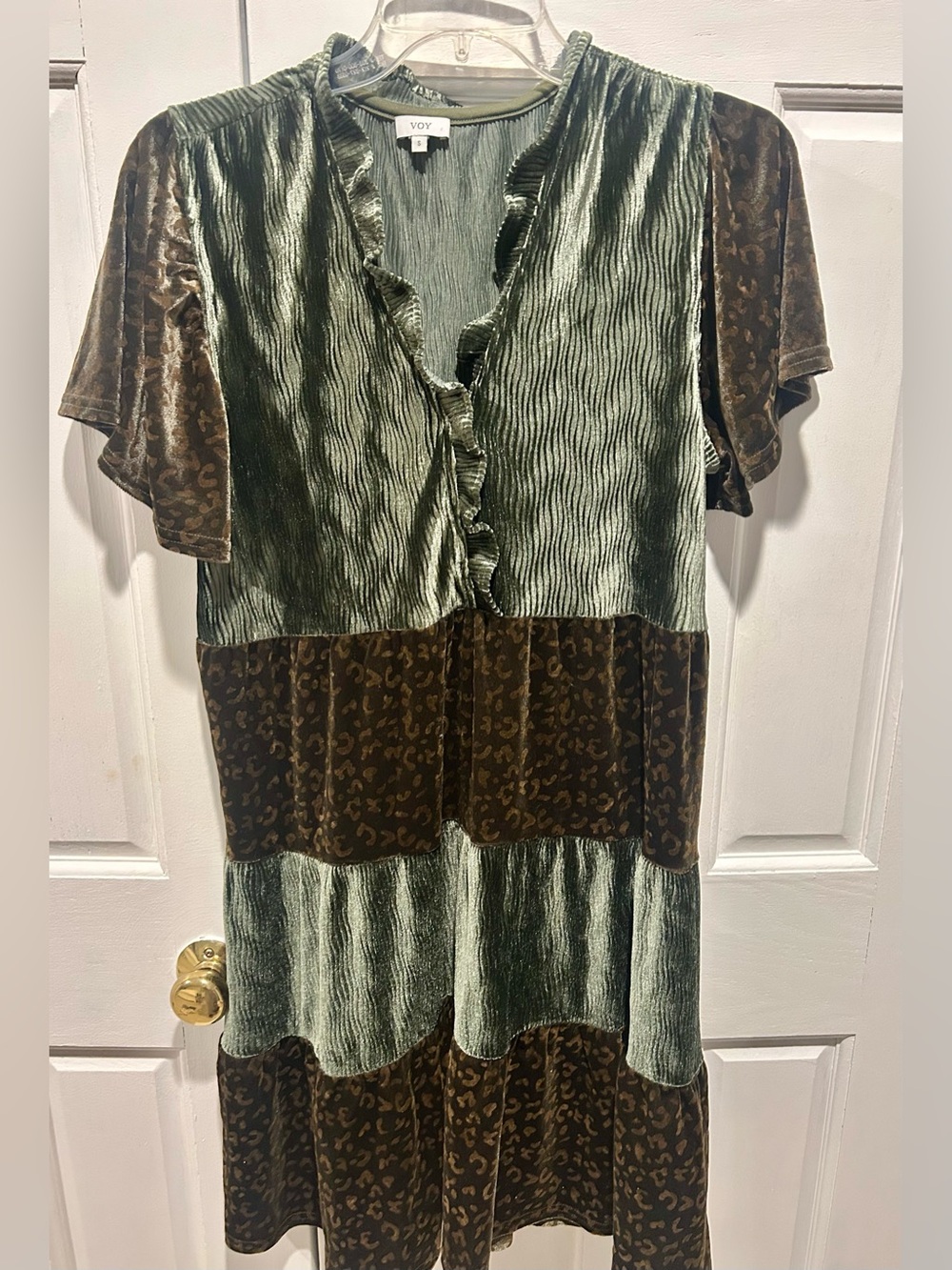 VOY Olive Green and Brown Velvet Tiered Midi Dress